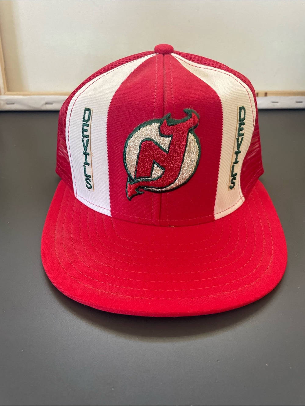 Vintage 80's New Jersey Devils NHL Hockey Red Snapback Hat- AJD Lucky Stripes